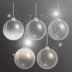 Christmas ball isolated. New year decorations.  Abstract light. Set of holiday elements. Vector illustration of a transparent backdrop.
