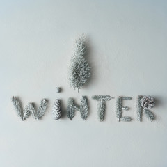"WINTER" made of tree branches and pine cones with christmas tre