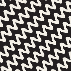 Hand Drawn ZigZag Diagonal Wavy Stripes. Vector Seamless Black and White Pattern.