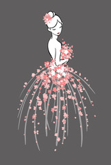 Art sketching of beautiful young bride with pink flowers. Vector illustration, on dark background.