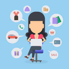 Online shopping concept. Young woman sitting at the desk with laptop and doing shopping. Sale, bags and clothes icons.