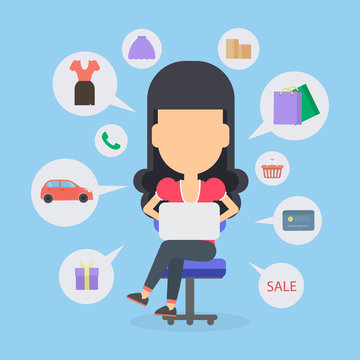 Online shopping concept. Young woman sitting at the desk with laptop and doing shopping. Sale, bags and clothes icons.