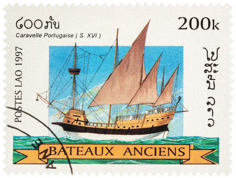 Ancient Portuguese Caravel (16th-century) on postage stamp