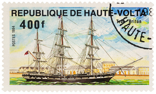 Sailing ship "True Briton" on postage stamp