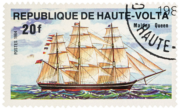Sailing ship "Maiden Queen" on postage stamp