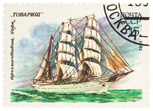 Russian three-masted bark "Tovarishch" on postage stamp