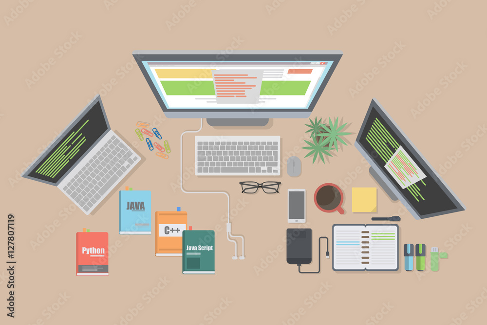 Poster programmer desk mockup. desk with coding books, computers and usb.