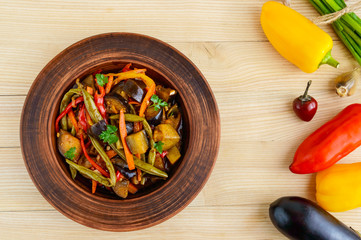 Vegetable stew (salad): bell pepper, eggplant, asparagus beans, garlic, carrot, leek. Bright spicy...