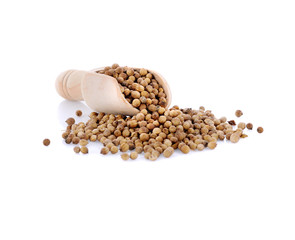 coriander seed in wooden scoop  isolated on white background