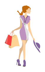 Obraz na płótnie Canvas Isolated shopping woman on white background. Elegant, young and slim woman in beautiful outfit with colorful shopping bags.