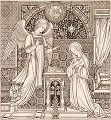 Fototapeta na wymiar BRATISLAVA, SLOVAKIA, NOVEMBER - 21, 2016: The lithography of Annunciation in Missale Romanum designed by unknown artist (1892) and printed in Germany by Typis Friderici Pustet.