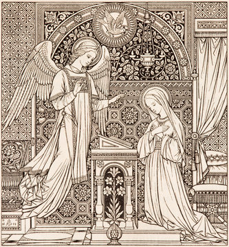 BRATISLAVA, SLOVAKIA, NOVEMBER - 21, 2016: The lithography of Annunciation in Missale Romanum designed by unknown artist (1892) and printed in Germany by Typis Friderici Pustet.
