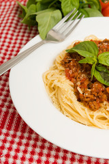 Pasta with meat, tomato sauce and vegetables