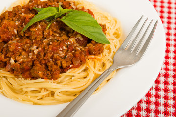 Pasta with meat, tomato sauce and vegetables
