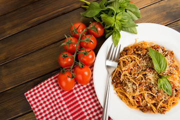 Pasta with meat, tomato sauce and vegetables