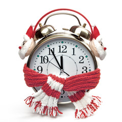 Alarm clock in a red scarf and headphones