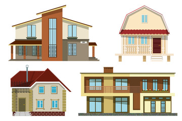 Set Cartoon  small cozy rural houses on a white background. Vect
