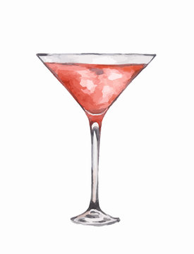 Watercolor martini glass on white background. Alcohol beverage. Drink for restaurant or pub.