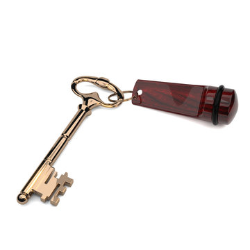 The Golden Key in the old style red keychain isolated on white b