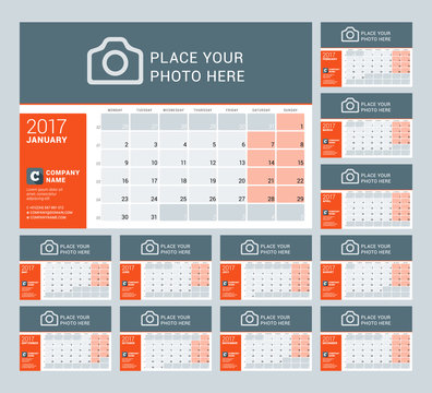 Calendar Template for 2017 Year. Vector Illustration. Week Starts on Monday