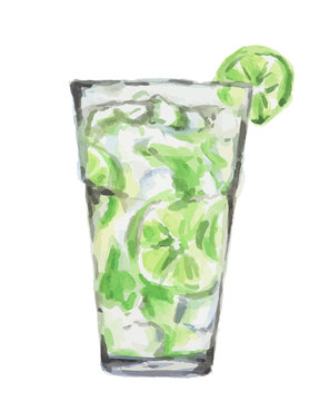 Isolated watercolor cocktail. Isolated glass with alcohol drink on white background. Ice cubes and lime. Mojito.
