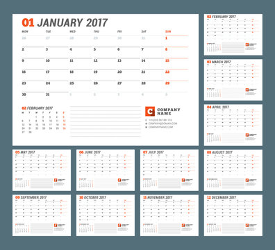Calendar Template for 2017 Year. Vector Illustration. Week Starts on Monday