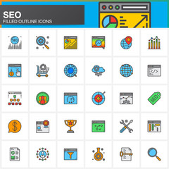 SEO, Search engine optimization line icons set, filled outline vector symbol collection, linear colorful pictogram pack isolated on white, logo illustration