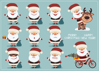 Set funny Santa Claus in different poses. Collection isolated Santa claus in cartoon style.