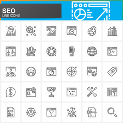 Search engine optimization line icons set, SEO outline vector symbol collection, linear pictogram pack isolated on white, logo illustration