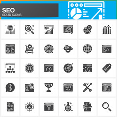 SEO, Search engine optimization vector icons set, modern solid symbol collection, filled pictogram pack isolated on white, logo illustration