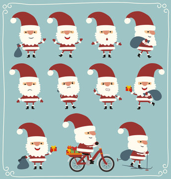 Set funny Santa Claus in different poses. Collection isolated Santa claus in cartoon style.