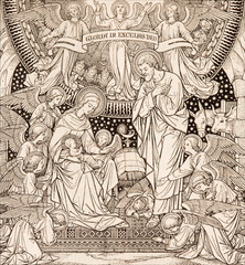 BRATISLAVA, SLOVAKIA, NOVEMBER - 21, 2016: The lithography of Nativity in Missale Romanum by unknown artist with the initials F.M.S from end of 19. cent. and printed by Typis Friderici Pustet.