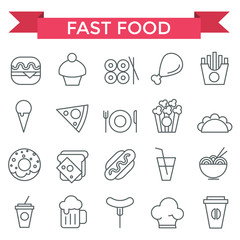 Fast food icons, thin line flat design