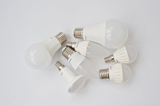 Set of row LED bulbs isolated on white background.