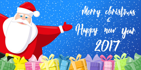 Merry Christmas and Happy New Year 2017 banner. Cute Santa Claus and gift boxes on background snowflakes. Hand drawn lettering. Cartoon style. Concept design poster, greeting card or flyer. Vector