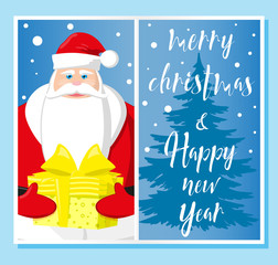 Merry Christmas and Happy New Year. Santa Claus, gift box and christmas tree silhouette. Vintage lettering. Concept design greeting card, banner, flyer or poster. Cartoon style. Vector illustration