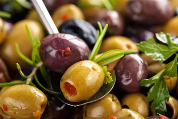 Gordijnen Marinated olives with herbs. © Vitalina Rybakova