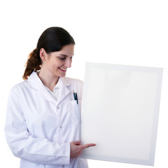 Female doctor assistant scientist in white coat over  isolated background