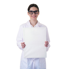 Female doctor assistant scientist in white coat over  isolated background