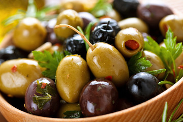 Marinated olives with herbs.