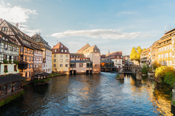 canal and old houses of Petit France medieval district of Strasbourg, France