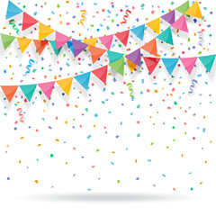 Colorful explode confetti with buntings and ribbons - obrazy, fototapety, plakaty