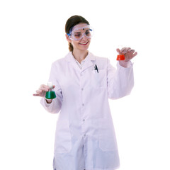 Female assistant scientist in white coat over  isolated background