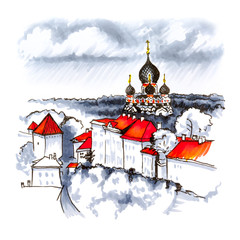 Color hand drawing, Toompea hill with fortress wall, tower and Russian Orthodox Alexander Nevsky Cathedral, view from the tower of St. Olaf church on a rainy day, Tallinn, Estonia. Picture made liner