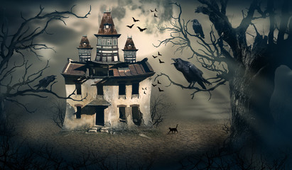 Haunted House with Moon Behind and Horror Look