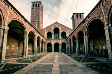 Fototapeta na wymiar view of Saint Ambrogio basilica Milan city - portico detail 