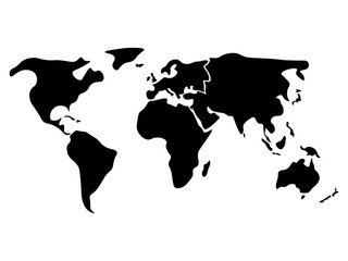 World map divided to six continents in black - North America, South America, Africa, Europe, Asia and Australia Oceania. Simplified silhouette blank vector map without labels.