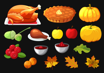 Set of element for Happy Thanksgiving Day on black. Badge, icon, template an apple, cranberries, pumpkin pie, leaf, turkey, sous, rowan berry.