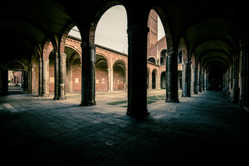 view of Saint Ambrogio basilica Milan city  - portico detail
