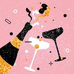 Champagne flutes and bottle. Cheerful holiday. Alcoholic beverages. Party celebration. © masherdraws